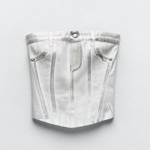 Metallic like gray strapless corset denim jean top